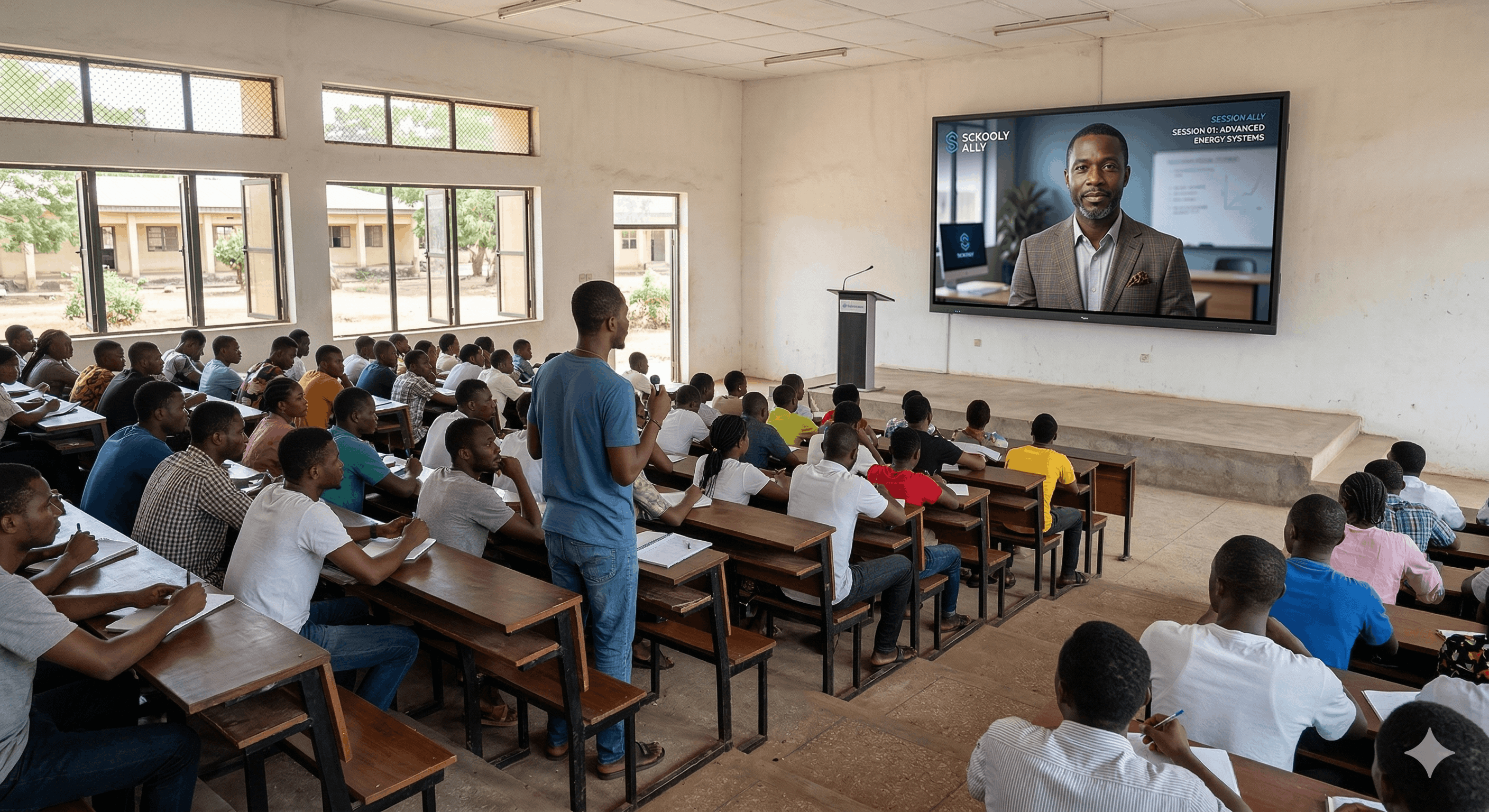 Futuristic university lecture hall in Nigeria with an AI avatar